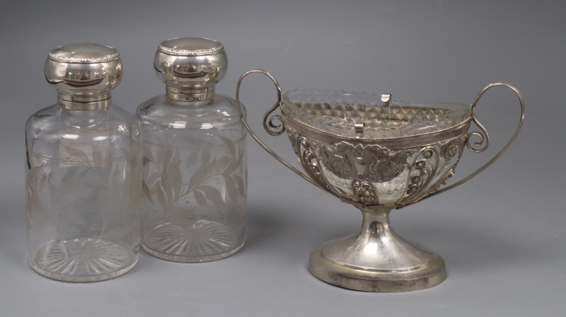 A pair of Edwardian silver mounted etched glass scent bottles, 16cm and a continental two handled vase